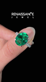 Silver Oval Cut Emerald Cathedral Solitaire Ring with Round  Pavé Band