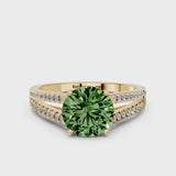 Yellow gold Fancy Green Round Cut Diamond Solitaire Engagement Ring with Split Shank Pavé Band