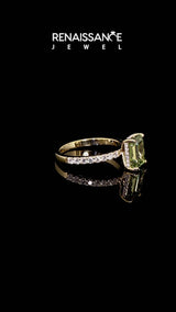 Yellow gold Fancy Green Emerald Cut Diamond Solitaire Ring with Pavé Band and Hidden Halo