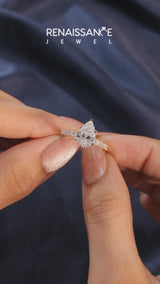 Yellow gold Pear Cut Diamond Cathedral Solitaire Ring with Round  Pavé Band
