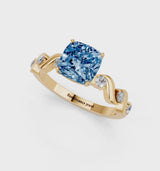 Yellow gold Fancy Blue Cushion  Solitaire Twisted Band with Prong Setting