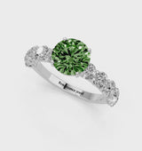 Platinum Fancy Green Round Cut Diamond Prong Setting with Side Stones on a Pave Band