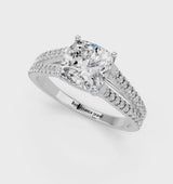 Silver Cushion Cut Diamond Solitaire Engagement Ring with Split Shank Pavé Band