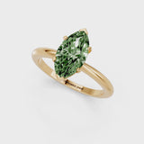 Yellow gold Fancy Green Marquise Cut Diamond Solitaire Ring with Six-Prong Setting and Classic Band