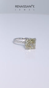 Silver Fancy Green Cushion Cut Diamond Solitaire Ring with Round  Pavé Band and Four-Prong Setting