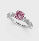 White gold Fancy Pink Cushion Cut Diamond Prong Setting with Side Stones on a Pave Band