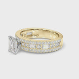 Yellow gold Emerald Cut Diamond Solitaire Ring with Pavé and Channel Set Band