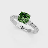 Silver Fancy Green Cushion  Cut Solitaire Diamond Engagement Ring with Pave Band and Four-Prong Setting