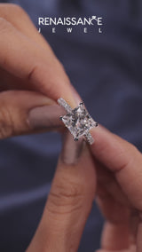 White gold Emerald Cut Diamond Pavé Band Solitaire Ring with Prong Setting