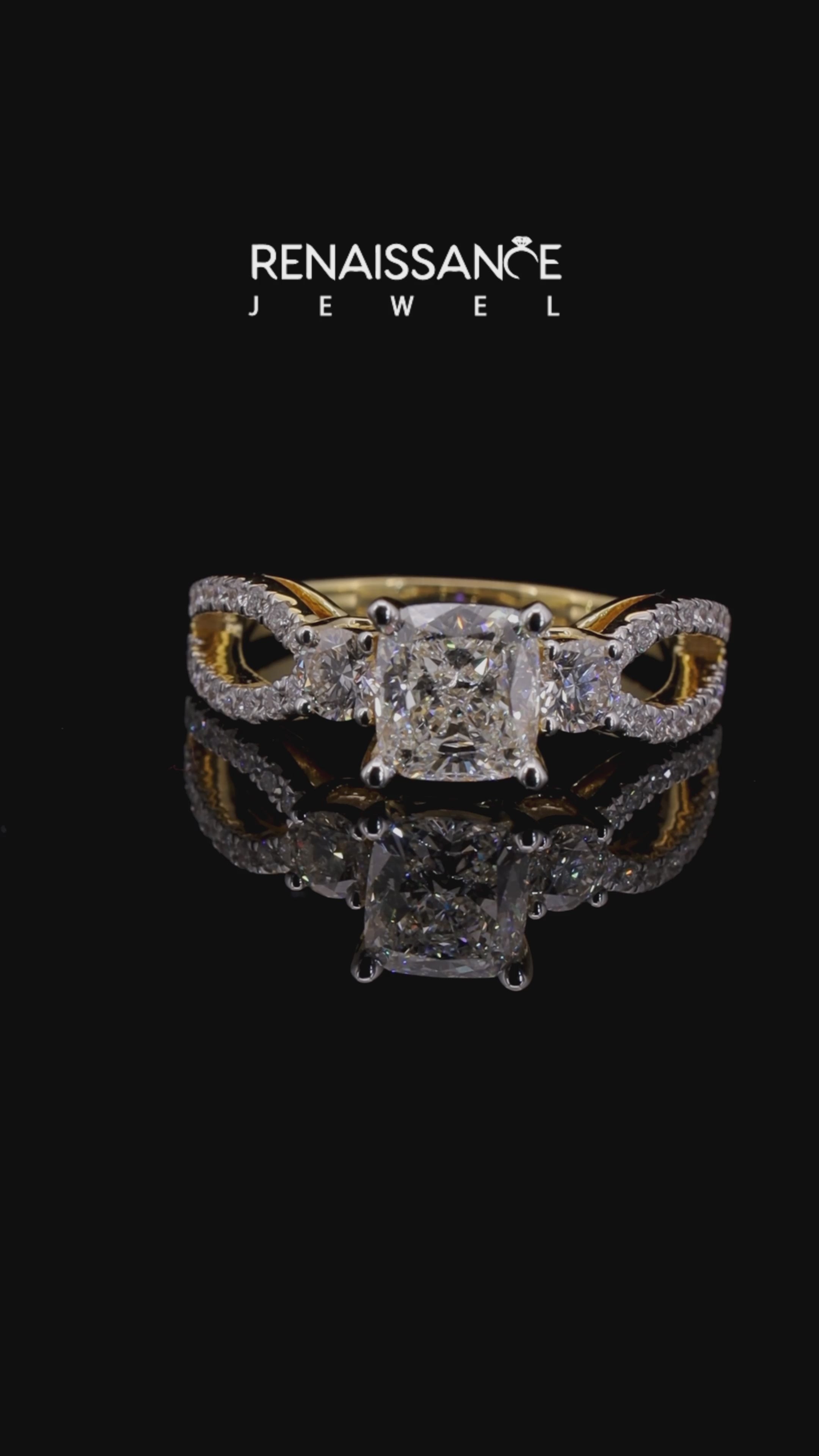 Yellow gold Cushion Three-Stone Diamond Ring with Pavé Split Shank and Four-Prong Setting 5