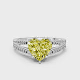 Silver Fancy Yellow Heart Cut Diamond Solitaire Engagement Ring with Split Shank Pavé Band