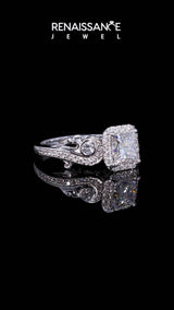 Silver Emerald Cut Diamond Halo Ring with Milgrain Pavé Band and Four-Prong Setting