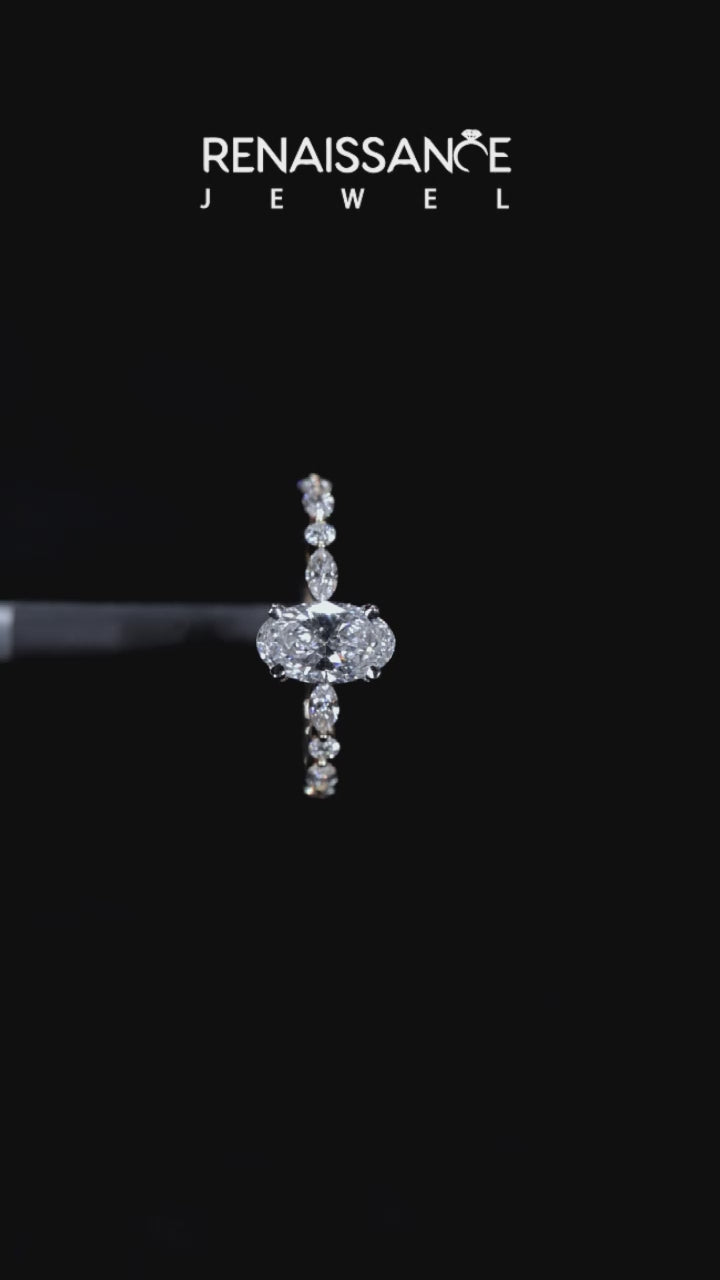 Yellow gold Oval Solitaire with Side Stones on a Pavé Band and Four-Prong Setting 5