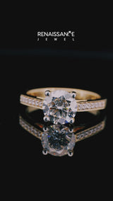 Yellow gold Pear Cut Solitaire Cathedral Diamond Engagement Ring with Channel-Set Band and Four-Prong Setting