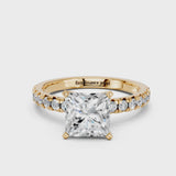 Yellow gold Princess Solitaire Pave Diamond Engagement Ring with Four-Prong Setting