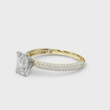 Yellow gold Emerald Diamond Solitaire Ring with Prong Setting and Pavé Band