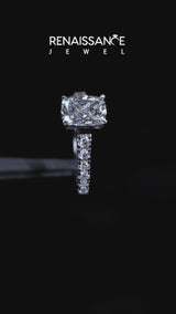 White gold Cushion Cut Diamond Cathedral Solitaire Ring with Round  Pavé Band