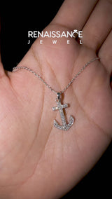 Silver Pavé Round Diamond Anchor Pendant with Four-Prong Setting