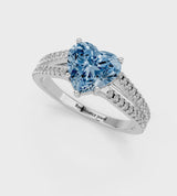 Silver Fancy Blue Heart Cut Diamond Solitaire Engagement Ring with Split Shank Pavé Band