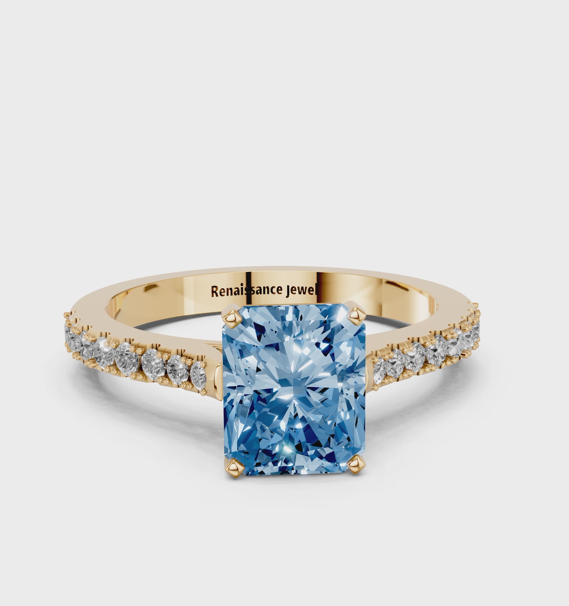 Yellow gold Fancy Blue Radiant  Cut Solitaire Diamond Engagement Ring with Pave Band and Four-Prong Setting_74