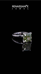 White gold Fancy Green Cushion Cut Diamond Solitaire Engagement Ring with Round Band and Four-Prong Setting