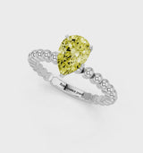 Silver Fancy Yellow Pear Cut Diamond Solitaire Ring with Beaded Band and Prong Setting