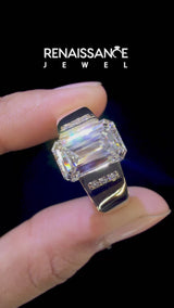 Yellow gold Half-Bezel Emerald Cut Diamond Mens Ring with Channel-Set Round Shoulders
