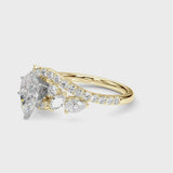 Yellow gold Pear Diamond Halo Ring with Marquise and Pavé Band in Prong Setting