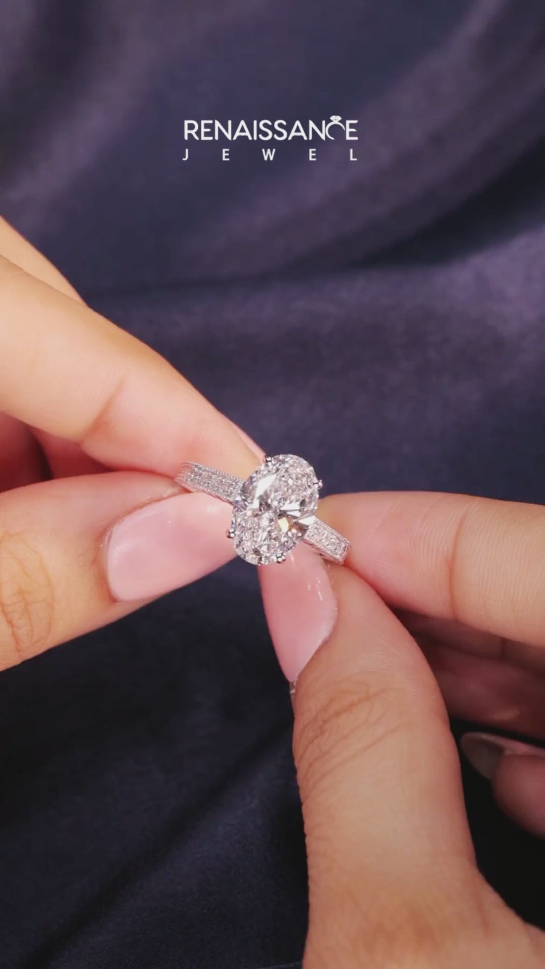 Silver Oval Cut Diamond Milgrain Pave Band Four-Prong Setting Ring 3