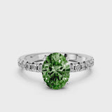 Platinum Fancy Green Oval  Solitaire Pave Diamond Engagement Ring with Four-Prong Setting