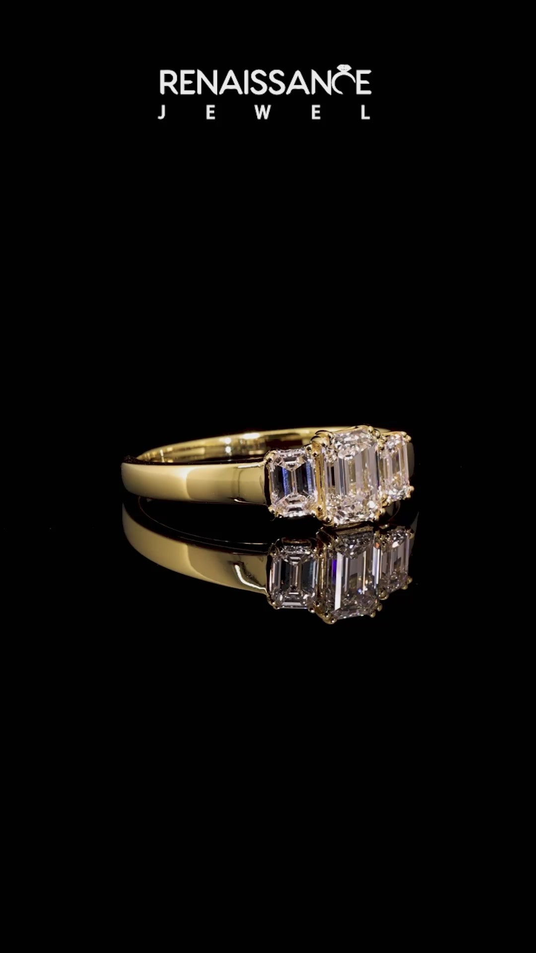 Yellow gold Three-Stone Emerald Cut Diamond Ring with Channel Set Band and Four-Prong Setting_18