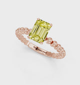 Rose gold Fancy Yellow Emerald Cut Diamond Solitaire Ring with Beaded Band and Prong Setting