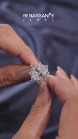 White gold Emerald Halo Diamond Ring with Pavé Band and Prong Setting