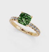 Yellow gold Fancy Green Cushion  Solitaire Pave Diamond Engagement Ring with Four-Prong Setting
