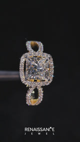 Yellow gold Radiant Cut Diamond Halo Ring with Split Shank Pavé Band and Prong Setting