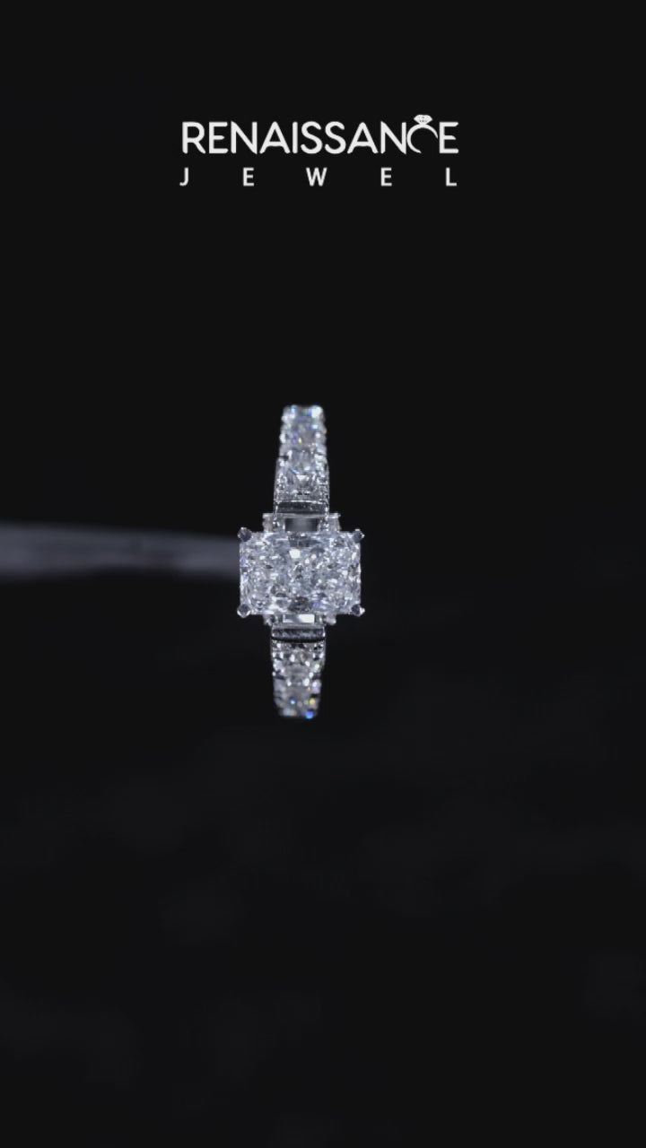 Silver Radiant Cut Diamond Pavé Band Solitaire with Four-Prong Setting 5