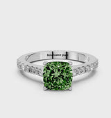Platinum Fancy Green Cushion  Cut Solitaire Diamond Engagement Ring with Pave Band and Four-Prong Setting