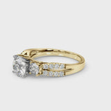 Yellow gold Round Cut Diamond Three-Stone Ring with Pavé Split Shank and Four-Prong Setting