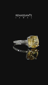 Silver Cushion Cut Citrine Pave Band Solitaire Ring with Round  and Prong Setting