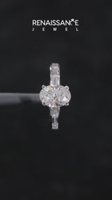 Silver Oval Solitaire Diamond Ring with Channel-Set Baguette Band and Four-Prong Setting