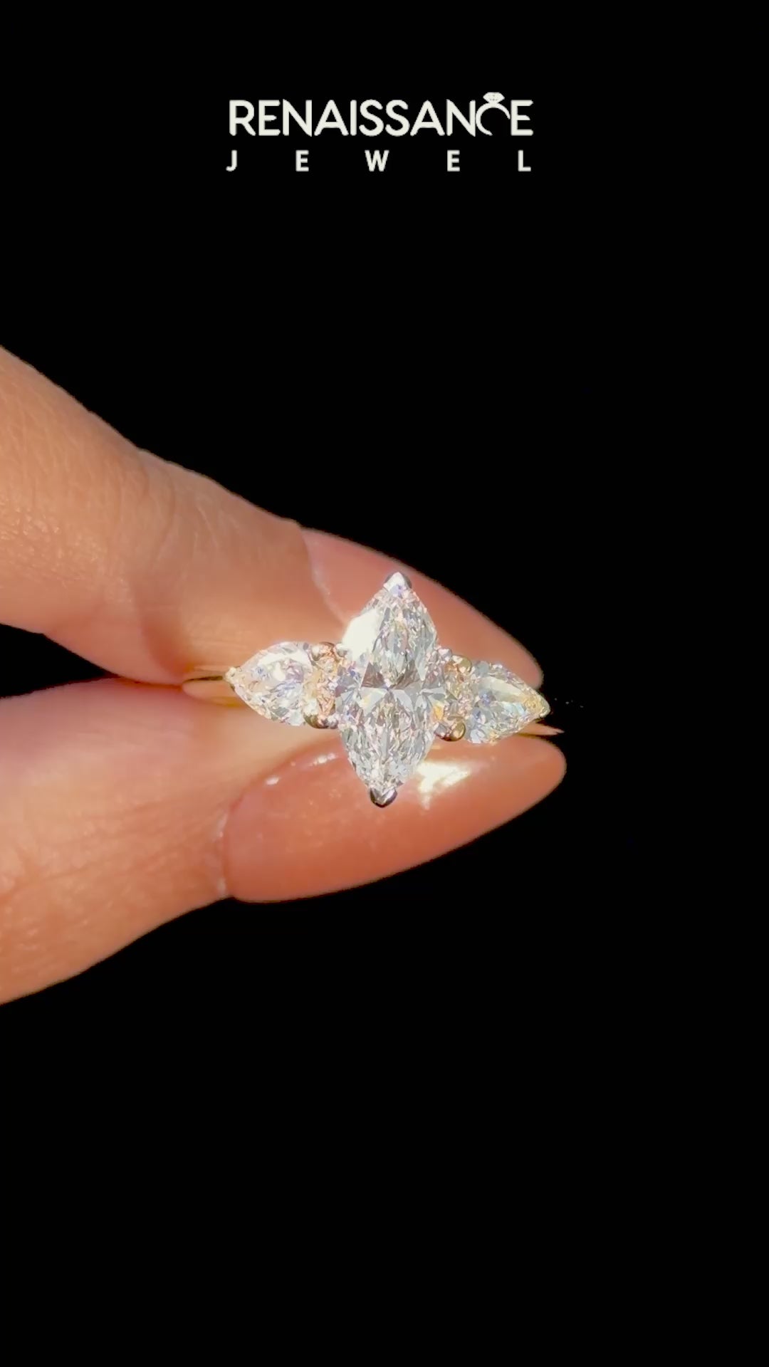 Yellow gold Three-Stone Marquise Diamond Ring with Pear Side Stones in Four-Prong Setting_10