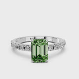 Platinum Fancy Green Emerald Cut Diamond Solitaire Pavé Band with Four-Prong Setting