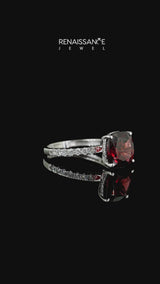 Silver Cushion Cut Garnet Pave Band Solitaire Ring with Round  and Prong Setting