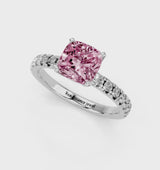 White gold Fancy Pink Cushion  Solitaire Pave Diamond Engagement Ring with Four-Prong Setting