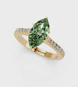 Yellow gold Fancy Green Marquise  Cut Solitaire Diamond Engagement Ring with Pave Band and Four-Prong Setting