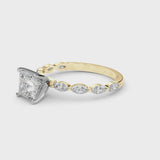 Yellow gold Princess Cut Diamond Ring with Marquise Side Stones and Prong Setting