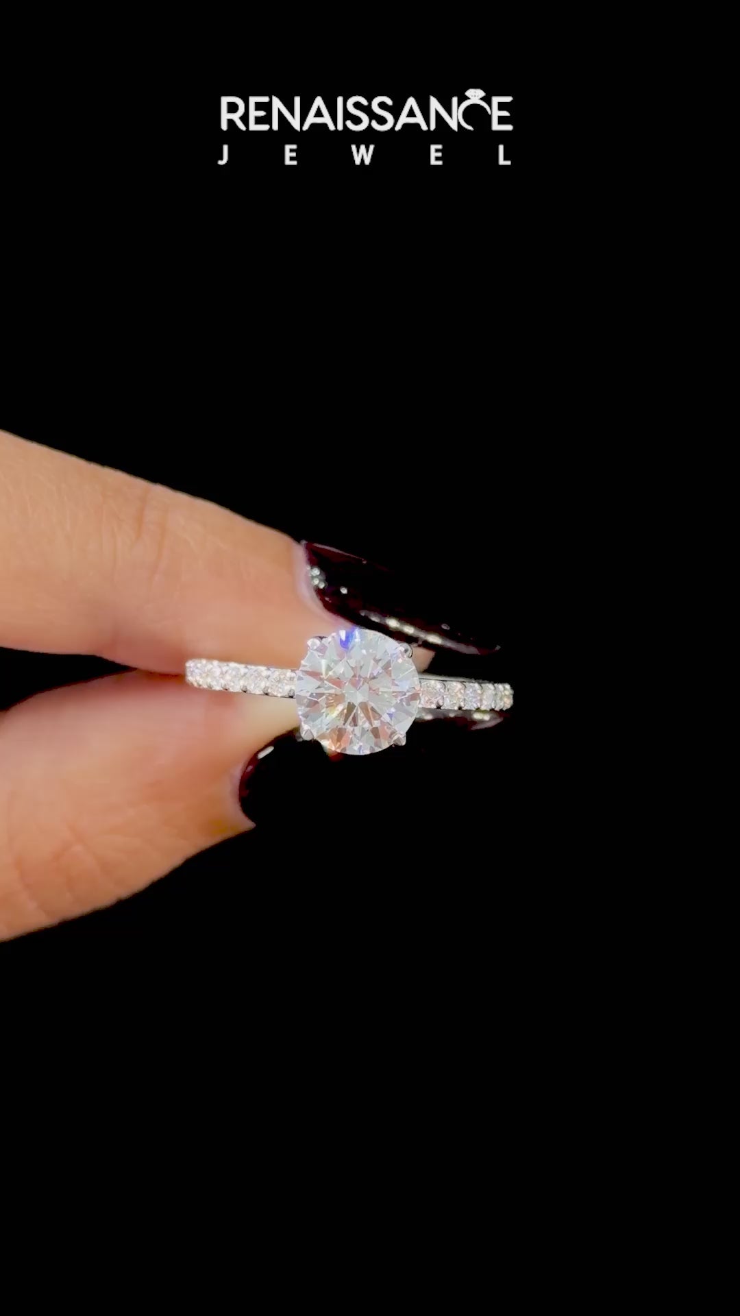 White gold Round Solitaire Pavé Diamond Engagement Ring with Four-Prong Setting_23