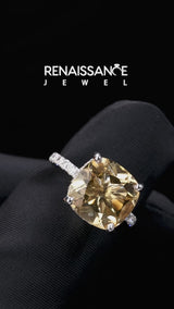 Silver Cushion Cut Citrine Pave Band Solitaire Ring with Round  and Prong Setting
