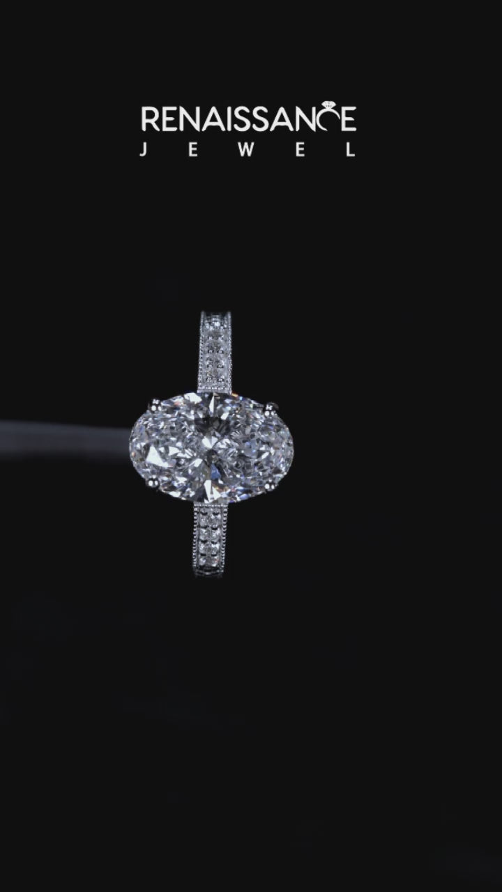 Platinum Oval Cut Diamond Milgrain Pave Band Four-Prong Setting Ring 5