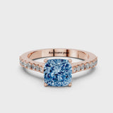 Rose gold Fancy Blue Cushion  Cut Solitaire Diamond Engagement Ring with Pave Band and Four-Prong Setting